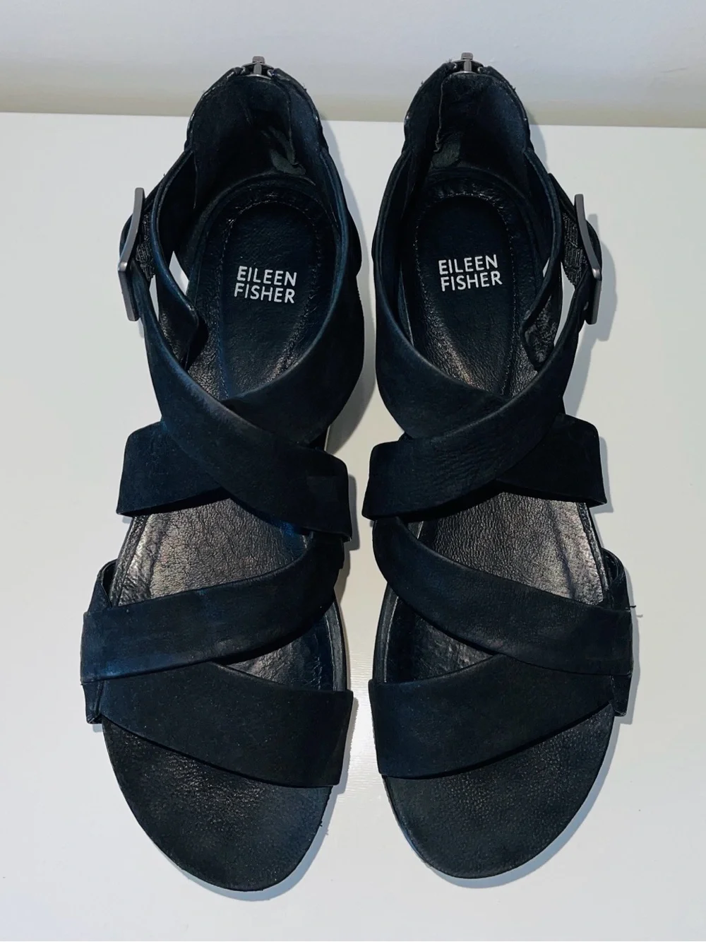 Eileen Fisher Black Suede Strappy Platform Sandal, Size 9.5